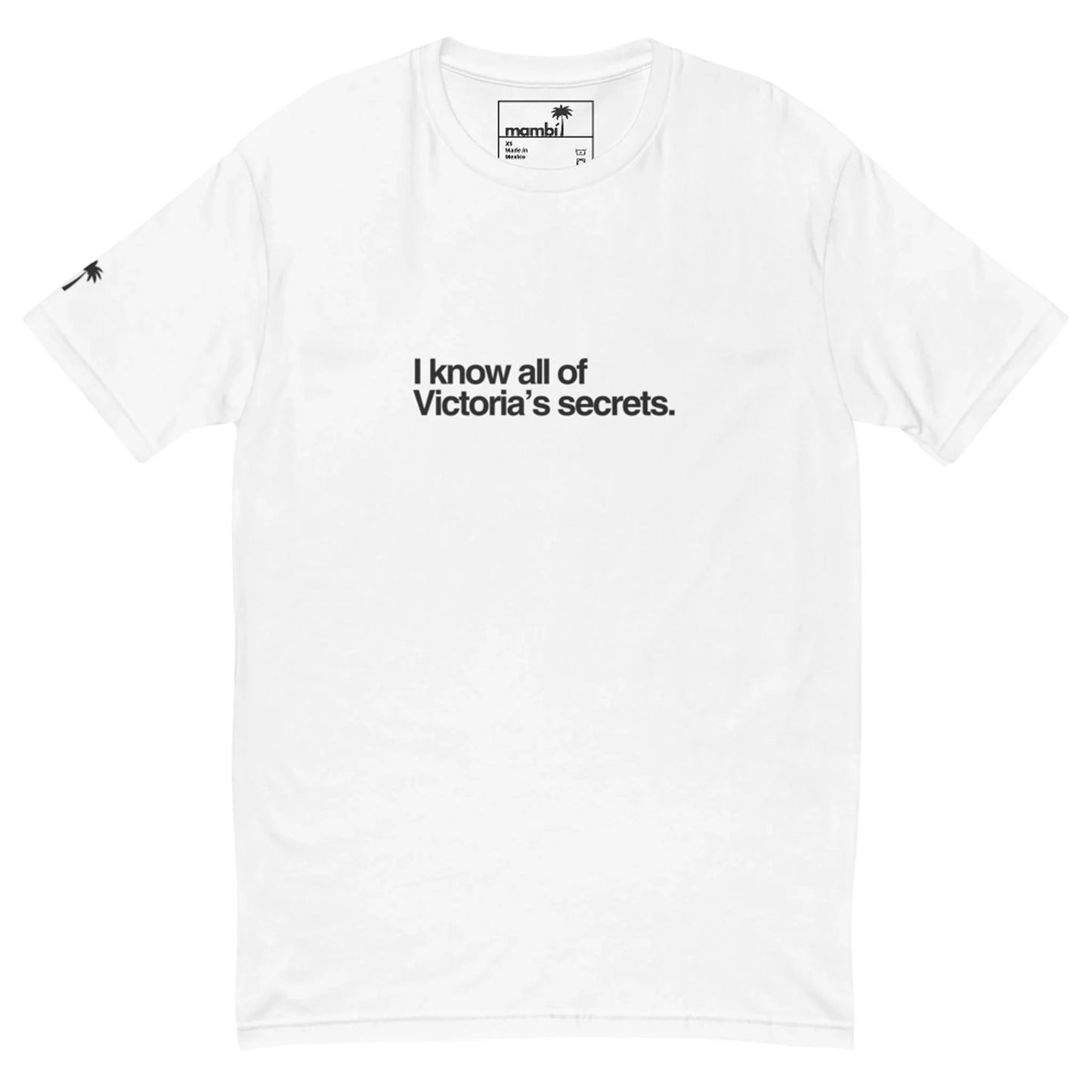 White t-shirt with black text 'I know all of Victoria's secrets' on a white background