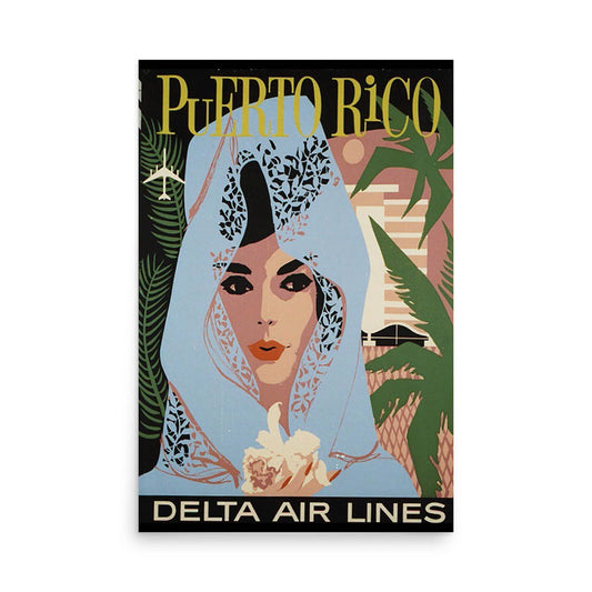 The Puerto Rico Reprinted Vintage Poster by Printful features a woman in a blue shawl with tropical plants. Printed on premium luster paper (24x36), it’s ideal for collectors seeking sophisticated vintage-style decor.