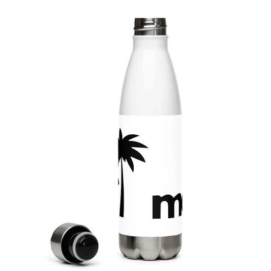 The Printful Pura Stainless Water Bottle (17oz, white) features a double-walled design with a black palm tree graphic and mo lettering. Its black and silver insulated cap is shown resting beside the bottle.