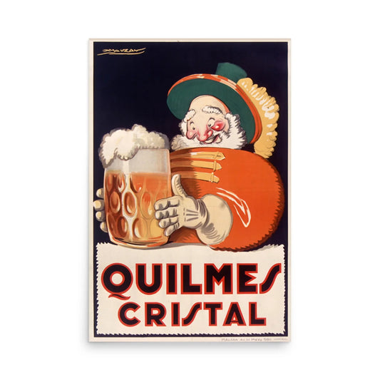 A vintage poster shows a smiling clown in a green hat holding a large mug of foamy beer. Bold red and black text at the bottom reads QUILMES CRISTAL, capturing a festive Mambí spirit.