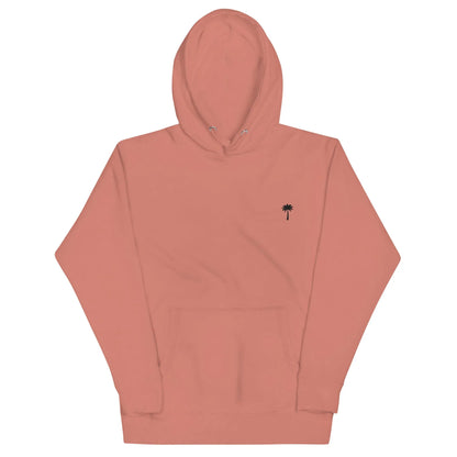 A pink Mambí hooded sweatshirt with a front pocket and a small black palm tree graphic on the left chest.