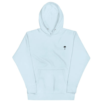 Light blue Mambí hooded sweatshirt featuring a front pocket and a small black palm tree graphic on the left chest.