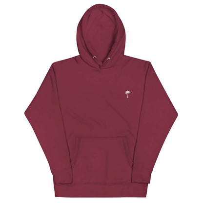 A maroon Mambí hooded sweatshirt with a front pocket and a small white palm tree graphic on the left chest.