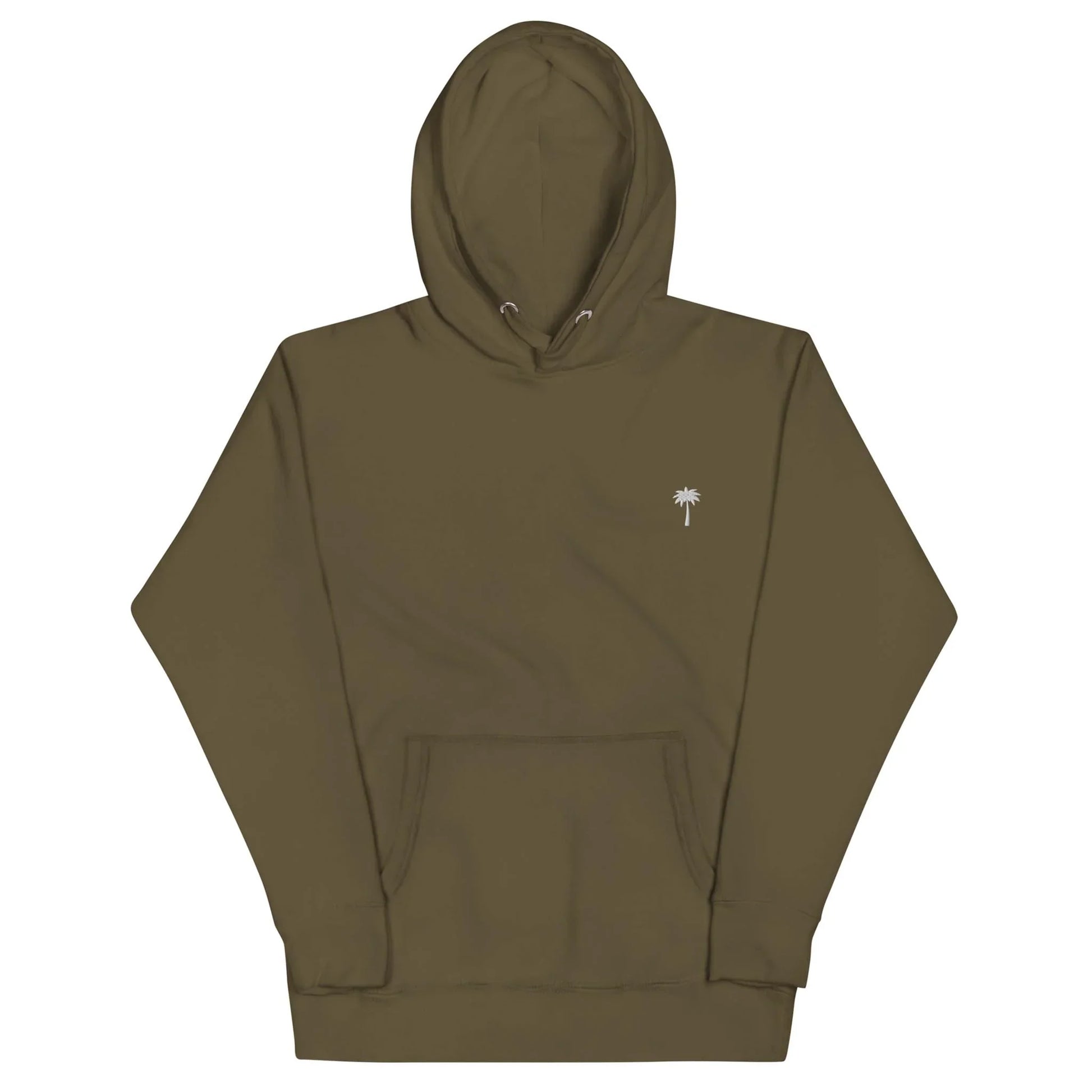 Olive green Mambí hooded sweatshirt with a front pocket and a small white palm tree graphic on the left chest area.