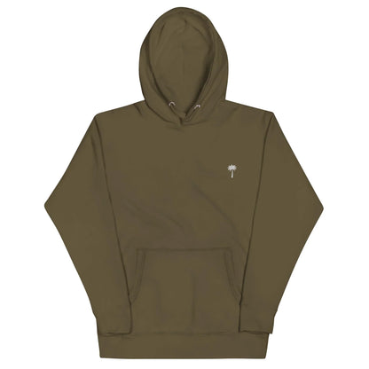Olive green Mambí hooded sweatshirt with a front pocket and a small white palm tree graphic on the left chest area.