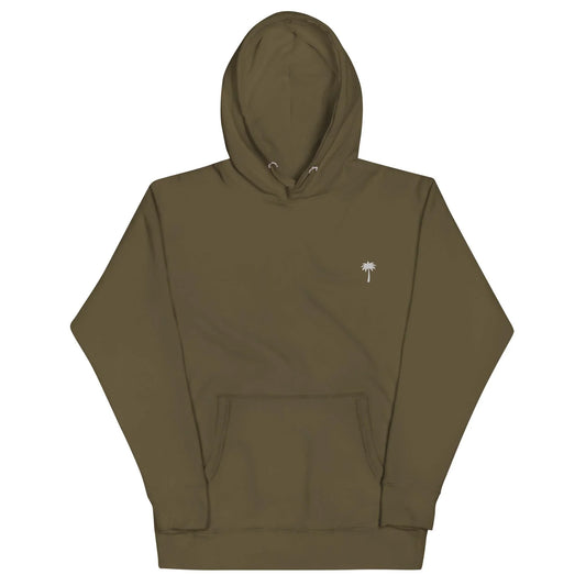 Olive green Mambí hooded sweatshirt with a front pocket and a small white palm tree graphic on the left chest area.