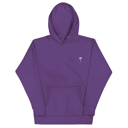 A purple Mambí hooded sweatshirt with a front pocket and a small white palm tree graphic on the left chest.