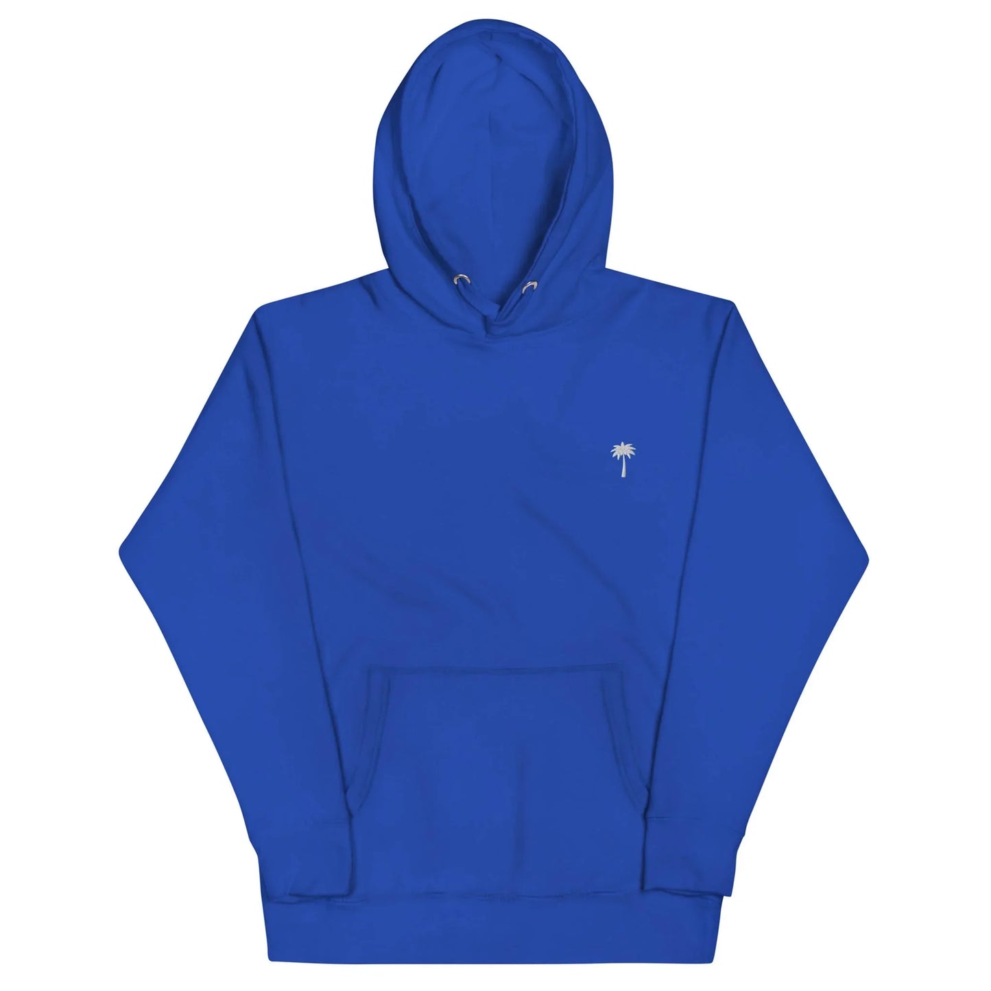 Bright blue Mambí hooded sweatshirt with a front pocket and a small white palm tree graphic on the left chest. The hoodie features drawstrings at the hood and is laid flat against a white background.