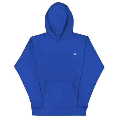 Bright blue Mambí hooded sweatshirt with a front pocket and a small white palm tree graphic on the left chest. The hoodie features drawstrings at the hood and is laid flat against a white background.