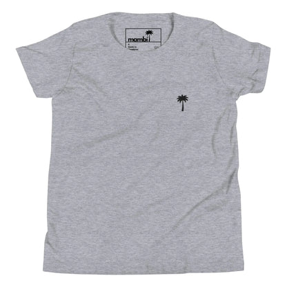 A light gray Mambí t-shirt with a small black palm tree graphic on the left chest area. The shirt features short sleeves and a round neckline.