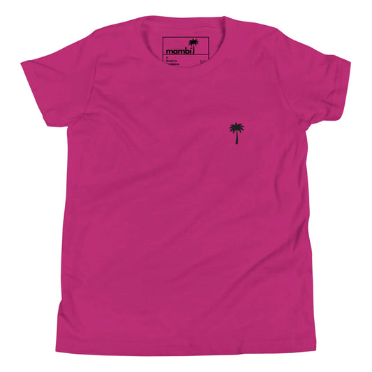 A bright pink Mambí T-shirt with a small black palm tree graphic on the left chest area. The short-sleeved shirt is displayed flat against a white background.