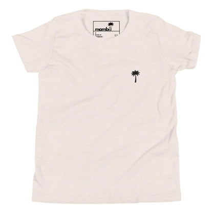A plain white Mambí t-shirt featuring a small black palm tree graphic on the left chest area and a visible inner label at the neckline.