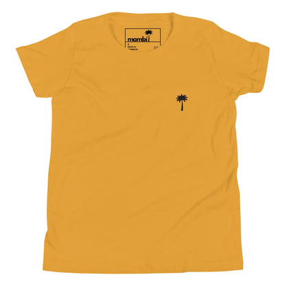 A yellow Mambí T-shirt featuring a small black palm tree graphic on the left side of the chest.