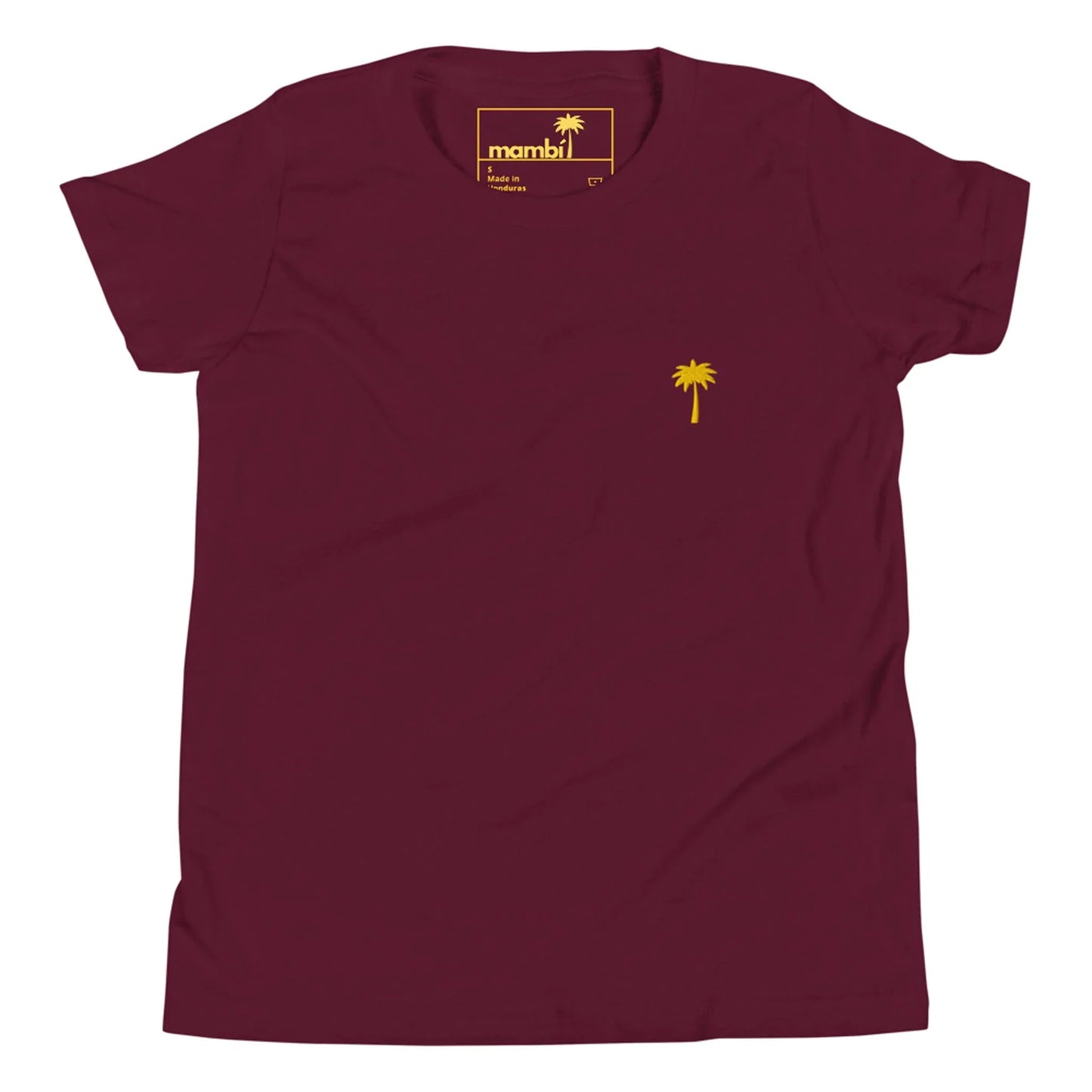 A plain maroon Mambí t-shirt featuring a small yellow palm tree graphic on the left chest area, with a yellow brand label visible inside the collar.