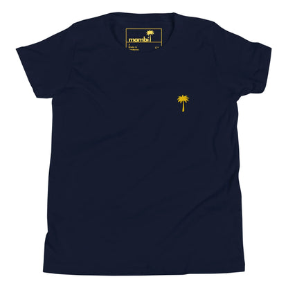Navy blue t-shirt with a small yellow palm tree graphic on the left chest area. The inside neck label features the Mambí brand.