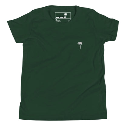 A dark green Mambí t-shirt featuring a small white palm tree graphic on the left chest and a visible inside label near the collar.