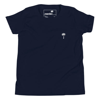 A plain navy blue Mambí t-shirt features a small white palm tree graphic on the left chest area. The shirt has short sleeves and a simple crew neckline.