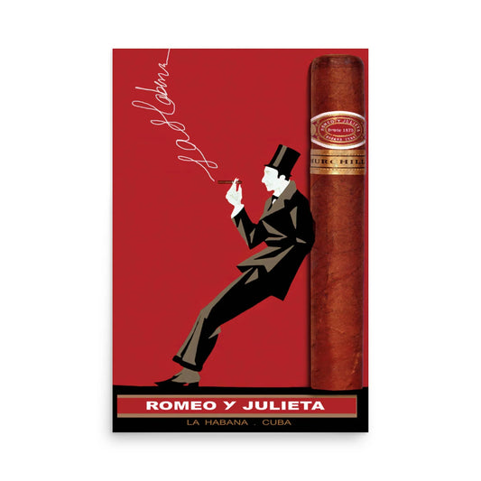 The Romeo y Julieta Reprinted Vintage Poster by Printful features a red and black design with a suited man in a top hat holding a cigar, vintage-style text reading ROMEO Y JULIETA, LA HABANA, CUBA. Printed on premium luster paper, 24x36.