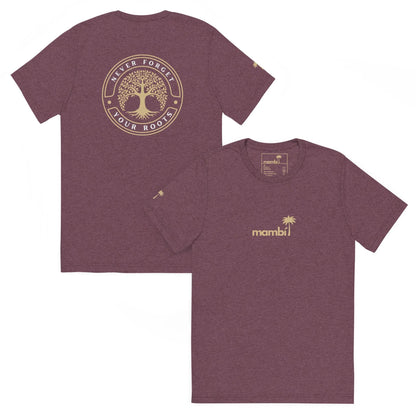The Roots Tri-Blend Graphic Tee by Printful is a soft heather maroon unisex shirt with a yellow palm tree and mambi on the front, and a bold SILVER FORCE tree plus YOUR ROOTS graphic on the back. Shown front and back.
