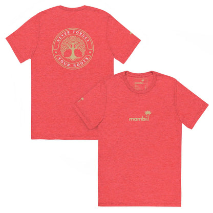 Two Printful Roots Tri-Blend Graphic Tees in red feature a small mambi logo and palm tree on the front, with a circular NEVER FORGET YOUR ROOTS design on the back. Unisex fit and vintage style for added flair.