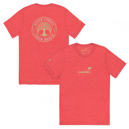 Two Printful Roots Tri-Blend Graphic Tees in red feature a small mambi logo and palm tree on the front, with a circular NEVER FORGET YOUR ROOTS design on the back. Unisex fit and vintage style for added flair.