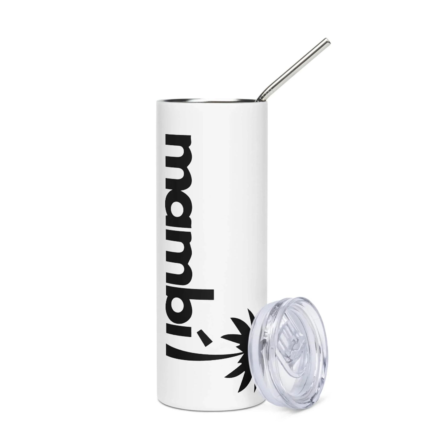 A tall, white tumbler with a metal straw and removable clear lid. The tumbler features a black flower graphic and the word Mambí printed vertically on its side.