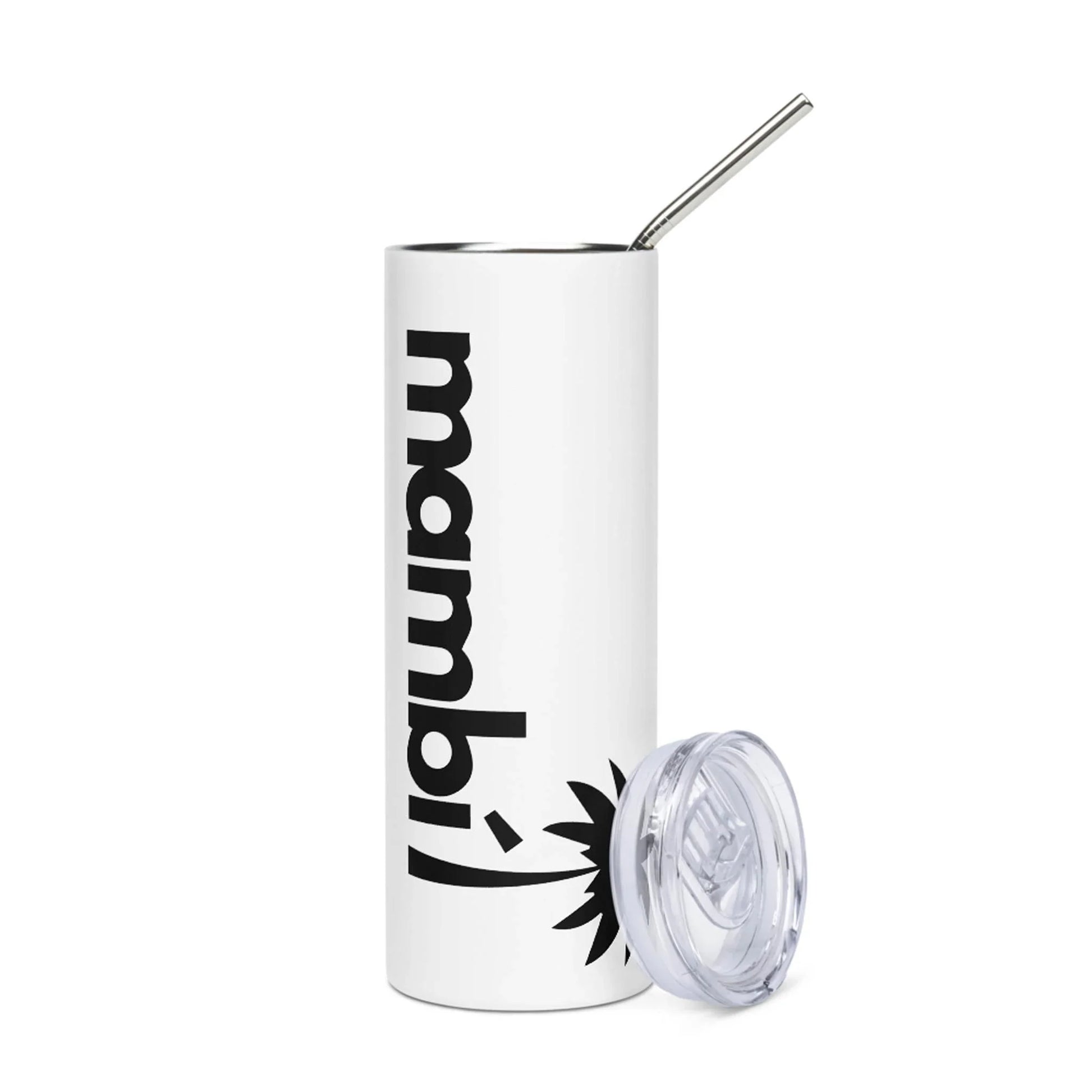 A tall, white tumbler with a metal straw and removable clear lid. The tumbler features a black flower graphic and the word Mambí printed vertically on its side.