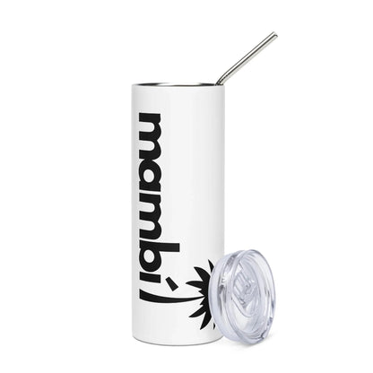 A tall, white tumbler with a metal straw and removable clear lid. The tumbler features a black flower graphic and the word Mambí printed vertically on its side.