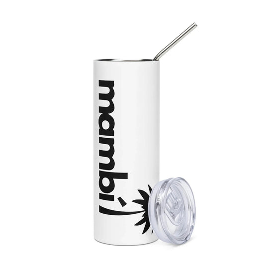 A tall, white tumbler with a metal straw and removable clear lid. The tumbler features a black flower graphic and the word Mambí printed vertically on its side.