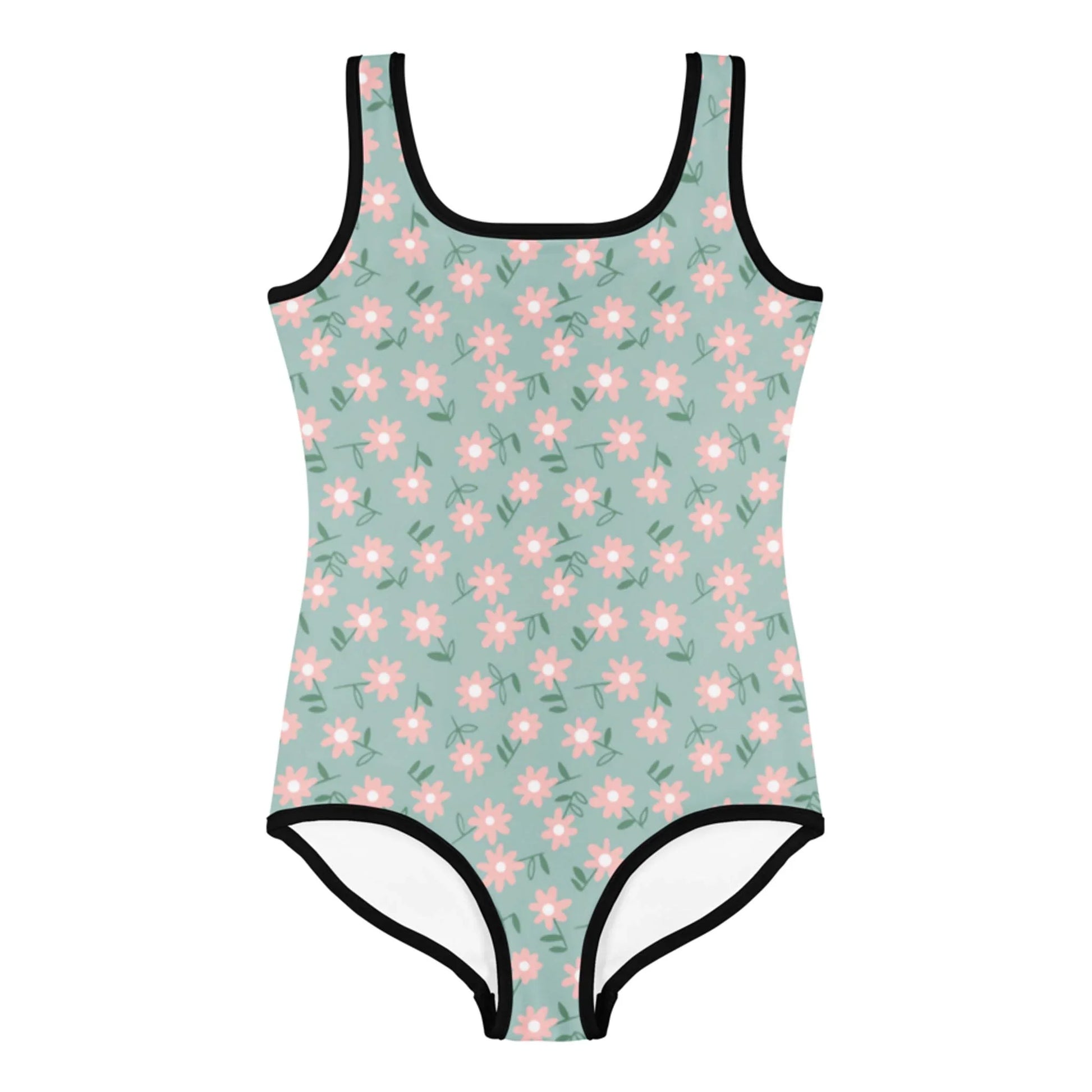 The Sara One-Piece Swimsuit by Printful for toddlers and little kids features vibrant pink and white daisy prints with green leaves on a light green background, black trim, and offers UPF sun protection for safe fun in the sun.