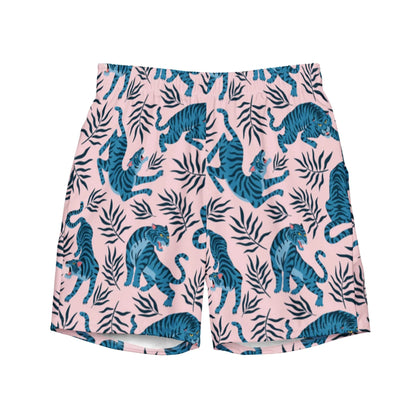 Pink shorts featuring a Mambí-inspired pattern of blue tigers and black leafy branches, arranged throughout the fabric. The shorts have an elastic waistband and a casual, relaxed fit.