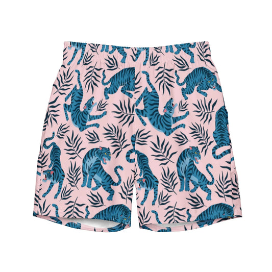 Pink shorts featuring a Mambí-inspired pattern of blue tigers and black leafy branches, arranged throughout the fabric. The shorts have an elastic waistband and a casual, relaxed fit.