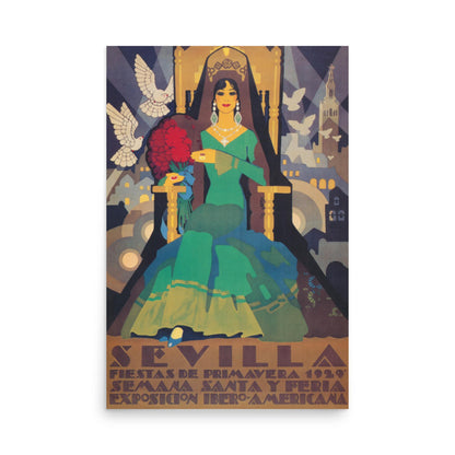 Vintage poster of a woman in a green dress sitting on a throne, holding a fan, with doves and a cityscape in the background. Subtle Mambí influences blend into the scene. Text at the bottom reads: Sevilla Fiestas de Primavera 1929.