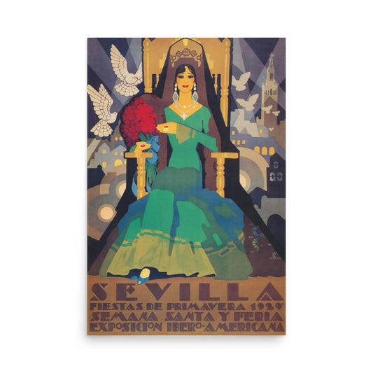 Vintage poster of a woman in a green dress sitting on a throne, holding a fan, with doves and a cityscape in the background. Subtle Mambí influences blend into the scene. Text at the bottom reads: Sevilla Fiestas de Primavera 1929.