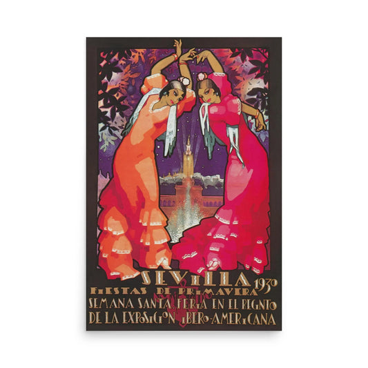 Vintage poster featuring two women in traditional flamenco dresses dancing, with Seville’s Giralda tower, festive lights, and a touch of Mambí flair in the background. Text at the bottom promotes the 1930 Seville Ibero-American Expo festivities.