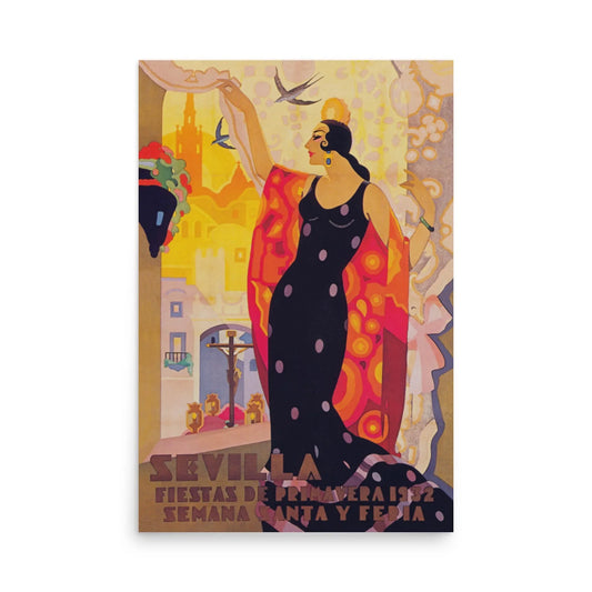 Printful’s Semana Santa y Feria de 1932 reprinted vintage poster features a woman in a black and pink flamenco dress dancing amid Seville’s lively festival scenes. Printed on premium luster paper, 24x36. Text: Sevilla Fiestas de Primavera 1932.