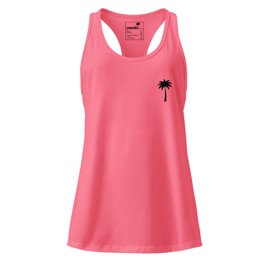A bright pink Mambí racerback tank top featuring a small black palm tree graphic on the upper left chest.