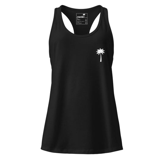 A black racerback tank top featuring a small white palm tree graphic on the left chest and a minimalistic Mambí-inspired design.