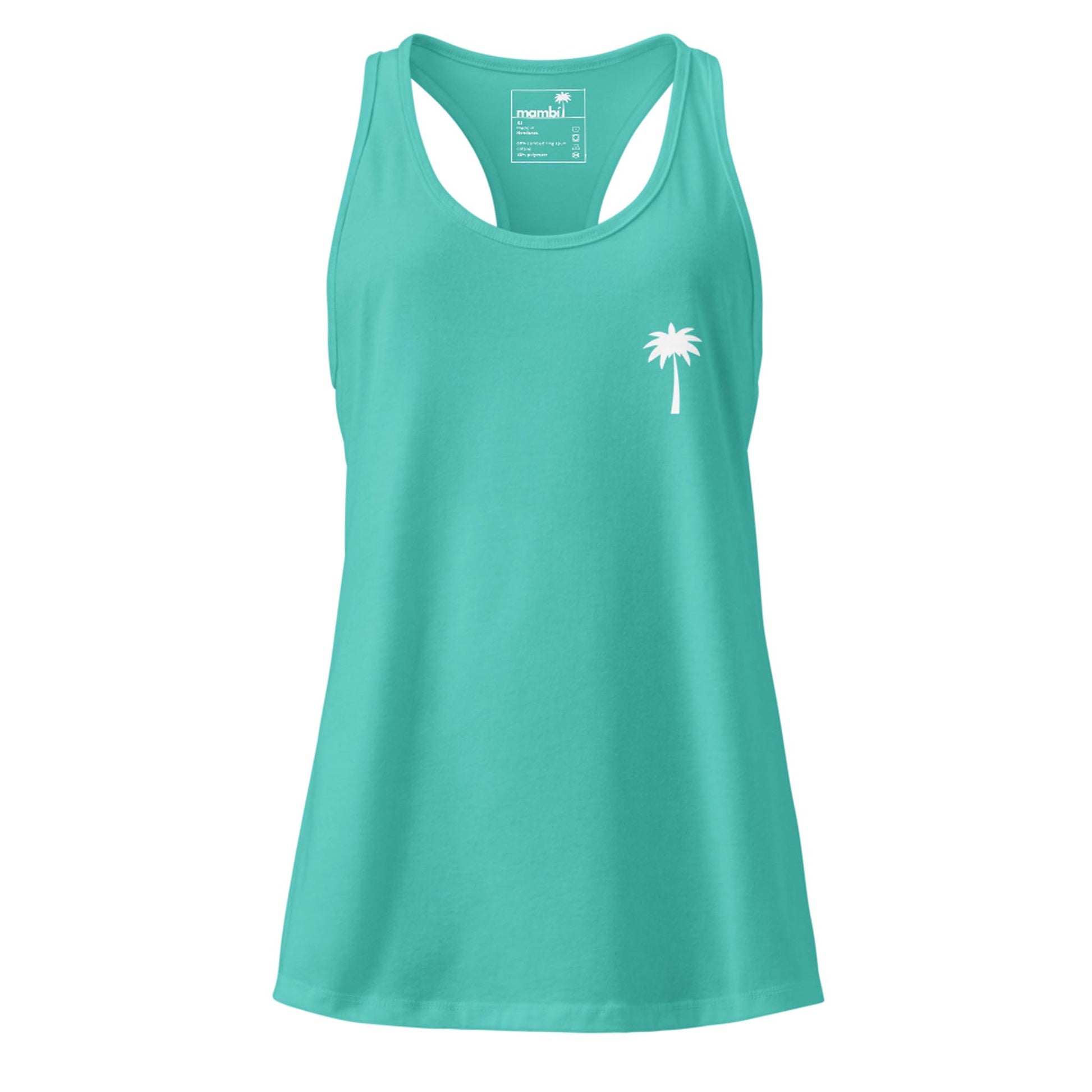 A turquoise Mambí racerback tank top featuring a small white palm tree graphic on the left chest area.