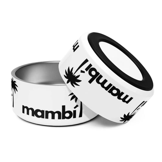 The Printful Simon Stainless Non-Slip Pet Bowl (18oz & 32oz) features white bowls with black palm tree graphics and mambi text. One stands upright, the other tilted to reveal a stainless, dishwasher-safe interior for style and convenience.