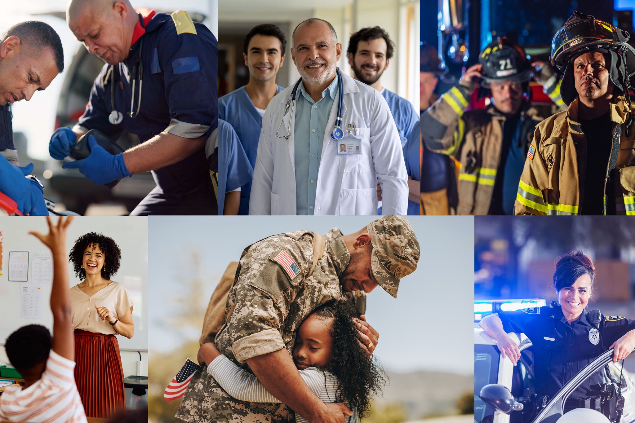 Collage of various professionals including a doctor, firefighters, a soldier, and a police officer.