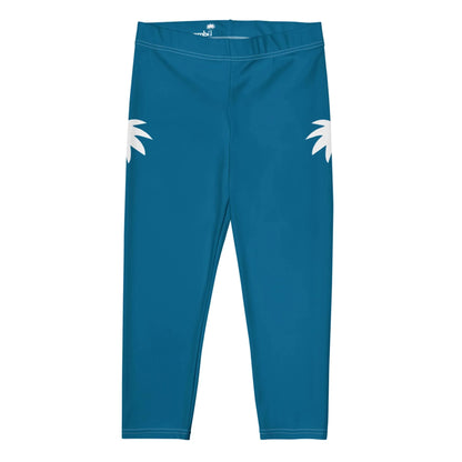 Blue Mambí leggings with a simple design, featuring two white palm leaf shapes on the upper sides of each leg. The leggings are displayed flat against a white background.