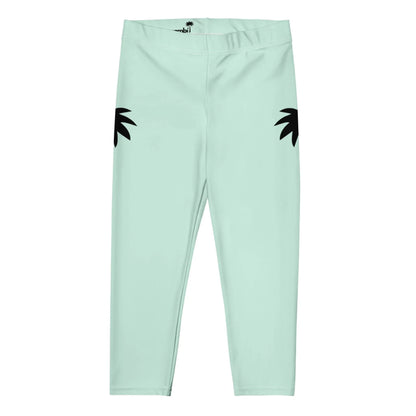 Light blue-green Mambí leggings with a simple design, featuring two black palm leaf shapes on each hip. The leggings have an elastic waistband and no visible pockets or extra details.