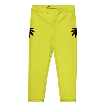 Bright yellow Mambí leggings with black palm tree silhouettes on each hip, displayed flat on a white background.