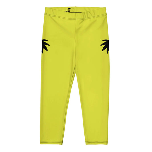 Bright yellow Mambí leggings with black palm tree silhouettes on each hip, displayed flat on a white background.
