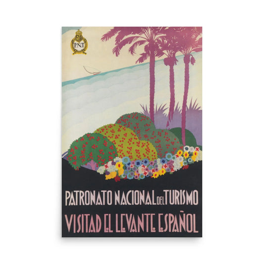 The Printful Spanish Levant 24x36 vintage poster features colorful bushes, palm trees, and a tranquil sea on premium luster paper, with the text: Patronato Nacional del Turismo. Visitad el Levante Español.