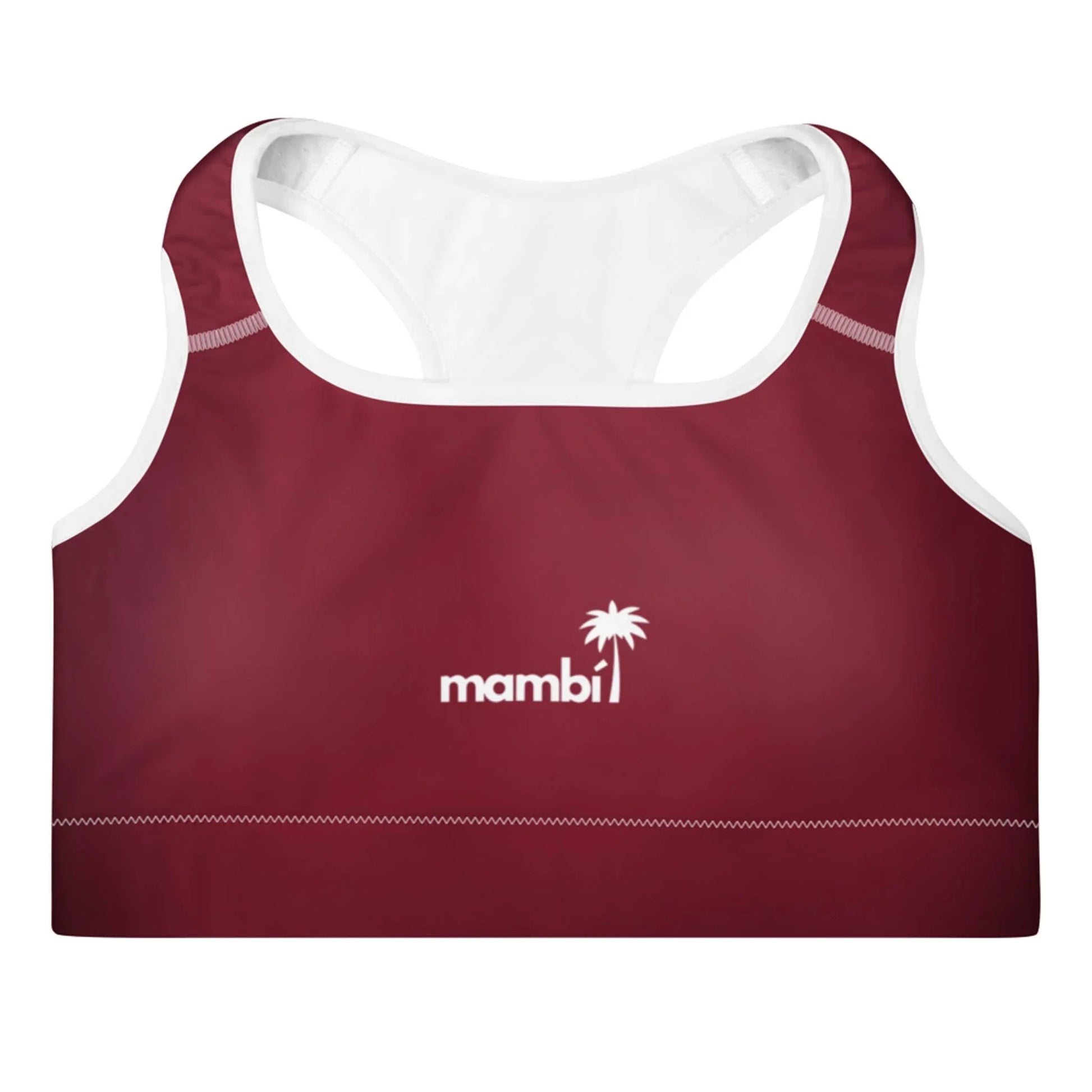 A maroon sports bra with a white racerback and white stitching, featuring the word Mambí and a palm tree logo printed in white on the front.