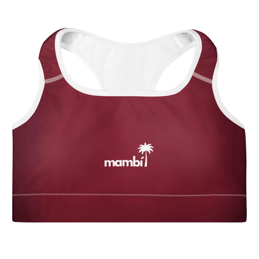 A maroon sports bra with a white racerback and white stitching, featuring the word Mambí and a palm tree logo printed in white on the front.