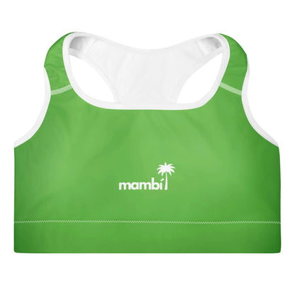 A green sports bra with white trim, featuring the word Mambí and a small palm tree logo in white on the front center.