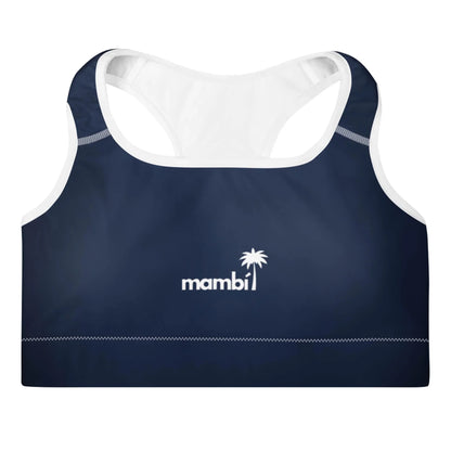 Navy blue sports bra with white trim, featuring a Mambí logo and a palm tree graphic centered on the front. The racerback design and visible stitching add to its sporty style.
